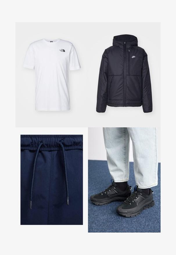 Sort, polstret Nike-jakke med frontlynlås og hætte. Har et hvidt logo på venstre bryst og to frontlommer. Glat ydre tekstur.; Hvid bomulds T-shirt med et sort The North Face-logo på den øverste venstre bryst. Korte ærmer og rund halsudskæring.; Marineblå shorts med elastisk talje, der har en struktureret snøre og glat stof.; Sorte træningssko med tekstureret stof og gummisåler, udstyret med elastiske snørebånd og en blå detalje på hælen. Bæres med lyse denimbukser.