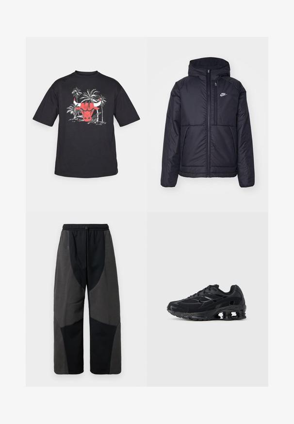 Black, padded Nike jacket with a front zipper and hood. Features a white logo on the left chest and dual front pockets. Smooth exterior texture.; Black short-sleeve T-shirt with a graphic of a red bull's head, surrounded by white palm tree illustrations. Cotton fabric, relaxed fit.; Fleece-accented black pants with a relaxed fit, featuring contrasting dark gray fabric panels and an adjustable drawstring waistband.; Black athletic shoe with a mesh upper, padded collar, and prominent cushioning technology at the heel. Features textured accents and laces.