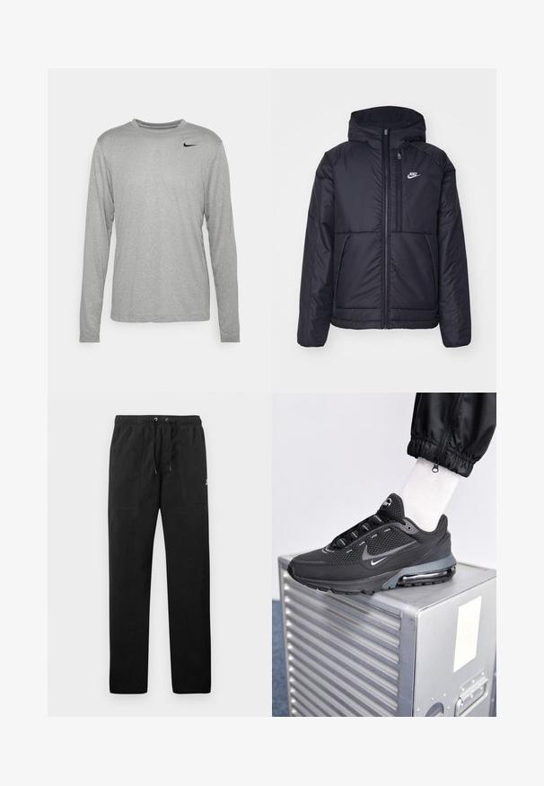 Zwarte, gewatteerde Nike-jas met een voorkant met ritssluiting en capuchon. Kenmerkt zich door een wit logo op de linkerborst en dubbele frontzakken. Gladde buitenkant.; Grijze langemouwen T-shirt van gladde stof, met een ronde hals en een klein zwart Nike-logo op de bovenste linkerkant.; Zwarte sweatpants van fleece, met een elastische tailleband met trekkoorden, twee voorzakken en een klein logo op de dij.; Nike Sportswear PULSE - Sneakers laag - black/anthracite