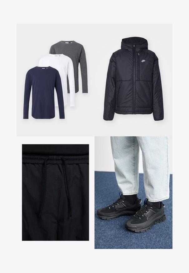Chaqueta acolchada negra de Nike con cremallera frontal y capucha. Presenta un logo blanco en el lado izquierdo del pecho y dos bolsillos frontales. Textura exterior suave.; Tres camisetas de manga larga en navy, blanco y gris. Hechas de algodón, con cuellos redondos y dobladillos rectos.; Pantalones cortos negros con cinturilla ajustable, tejido ligero con una textura suave y un diseño sencillo sin logotipos visibles ni patrones.; Zapatillas deportivas negras con tejido texturizado y suelas de goma, con cordones elásticos y un acento azul en el talón. Combinadas con pantalones de mezclilla claros.
