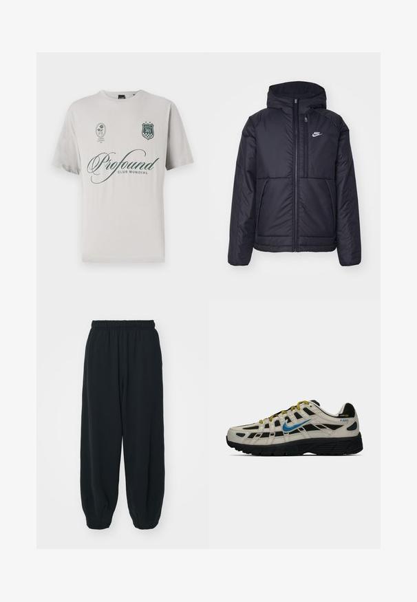 Black, padded Nike jacket with a front zipper and hood. Features a white logo on the left chest and dual front pockets. Smooth exterior texture.; Light gray cotton t-shirt with short sleeves, featuring "Profound" text in dark green, a shield logo, and decorative patches.; Black, elasticated-waist sweatpants with a loose fit, cuffed ankles, smooth texture, and no visible patterns or hardware accents.; Beige and black Nike P-6000 sneaker with blue swoosh, yellow laces, black sole, and Cordura fabric label on the heel.