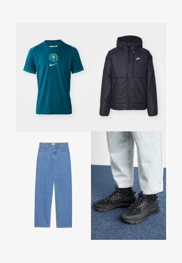Svart, polstret Nike-jakke med frontglidelås og hette. Har en hvit logo på venstre bryst og doble frontlommer. Glatt ytterside.; Tyrkises athletic jersey med korte ærmer, som har en rund hals, teksturert stoff og et sirkulært Nigeria Football Federation emblem.; Lyseblå denimjeans med rett snitt, fem lomme-design, enkelt knappelukking og subtile sømdetaljer.; Svarte sportssko med teksturert stoff og gummisåler, med elastiske lisser og en blå detalj på hælen. Brukt med lyse denimbukser.