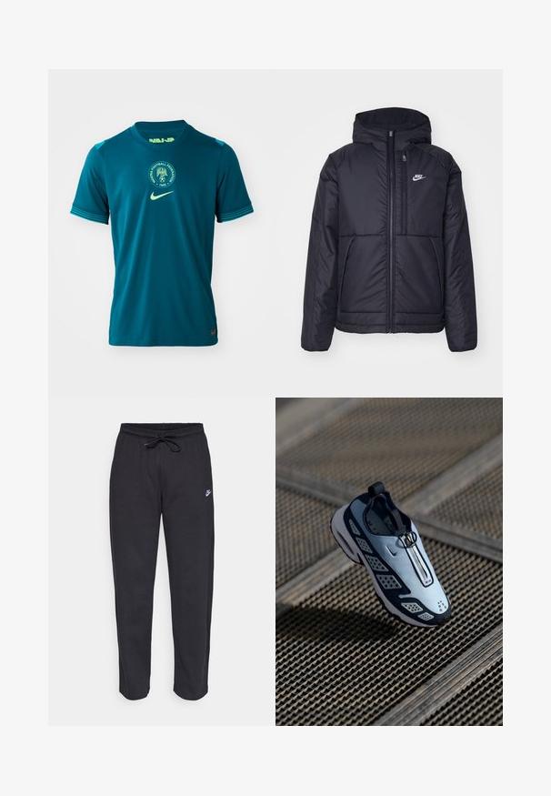 Must musta Nike jope, millel on ees lukuga avamine ja kapuuts. Vasakpoolne rind on kaunistatud valge logoga ning ees on kaks taskut. Sile välimine tekstuur.; Türkiisi treeningpusa lühikeste varrukatega, ümar kaelus, tekstuuriga kangas ja ringikujuline Nigeria Jalgpalliliidu emblem.; Mustad mustad, pehmest kangast, elastse vöökoha, nööriga ja väikese Nike logo'ga vasakul reiel.; Nike'i sneakeritel on libisev disain, millel on helesinine ülemine osa, mustad aktsendid ja perforatsioonidega külgpaneelid. Ümar varvas ja tekstuuriga tallad.