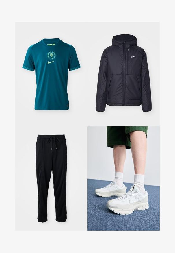 Casaco Nike preto, acolchoado, com fecho à frente e capuz. Apresenta um logo branco no lado esquerdo do peito e dois bolsos frontais. Textura exterior lisa.; Camisola atlética em teal com mangas curtas, apresentando um decote redondo, tecido texturizado e um emblema circular da Federação de Futebol da Nigéria.; Calças casuais pretas com cordão na cintura, com bolsos laterais e corte reto, sobre um fundo simples.; Sapatos atléticos brancos com sobreposições texturizadas, sola espessa e detalhes em cinza. Usados com meias brancas até ao tornozelo e calções verdes sobre uma superfície azul.