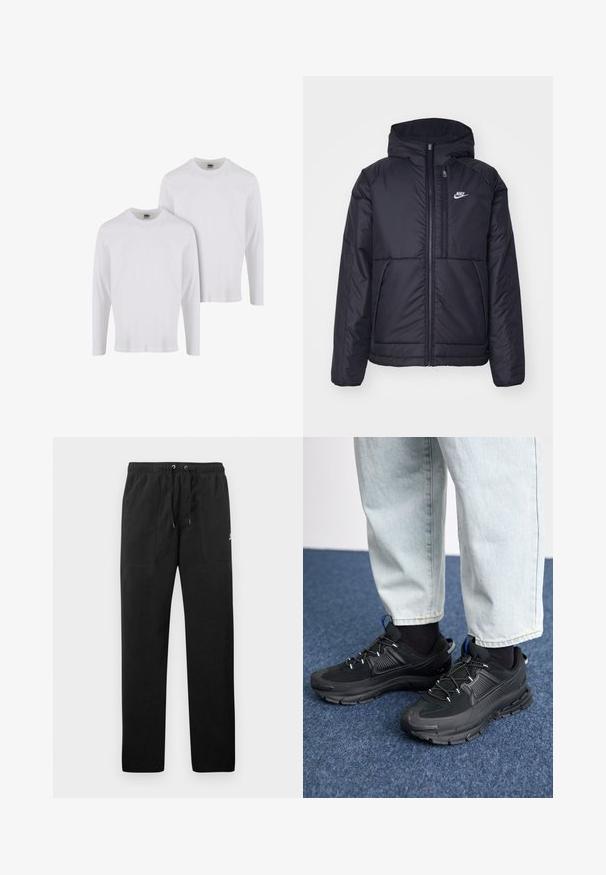Must musta Nike jope, millel on ees lukuga avamine ja kapuuts. Vasakpoolne rind on kaunistatud valge logoga ning ees on kaks taskut. Sile välimine tekstuur.; Kaks pikka varrukat valget puuvillast T-särki. Ümar kaelus ja soonikkoes vonkud. Lihtne disain, ilma mustrite või aktsentideta.; Mustad fliisist sportpüksid, millel on elastne vöö ja paelad, kaks esi-taskut ning väike logo reie peal.; Mustad mustad jooksukingad, millel on tekstureeritud kangas ja kummist tallad, elastsed nöörid ning sinine aksent kandadel. Kandmine heledate teksadega.