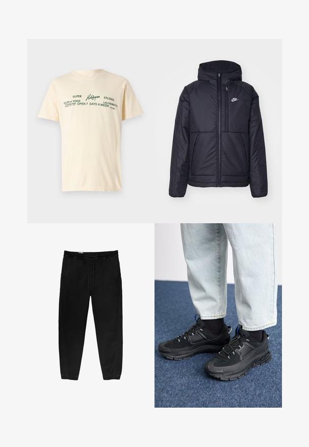 Sort, polstret Nike-jakke med frontlynlås og hætte. Har et hvidt logo på venstre bryst og to frontlommer. Glat ydre tekstur.; Cremefarvet bomulds t-shirt med korte ærmer og grøn tekst, der står "KidSuper," "Super Fluff n' Fold," samt vaskeanvisninger.; Sorte elastiske bukser med snøre i taljen, tapered ben, sidelommer og subtile side-syning detaljer. Blød bomuldsstof struktur.; Sorte træningssko med tekstureret stof og gummisåler, udstyret med elastiske snørebånd og en blå detalje på hælen. Bæres med lyse denimbukser.