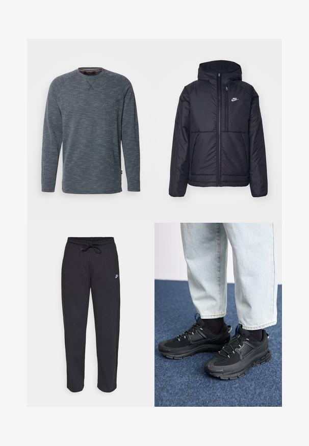 Giacca Nike nera, imbottita, con zip frontale e cappuccio. Presenta un logo bianco sul lato sinistro del petto e doppie tasche frontali. Texture esterna liscia.; INDICODE JEANS Maglietta a manica lunga - navy; Pantaloni della tuta neri realizzati in tessuto morbido con vita elastica, coulisse e un piccolo logo Nike sulla coscia sinistra.; Scarpe sportive nere con tessuto testurizzato e suole in gomma, dotate di lacci elastici e un accento blu sul tallone. Indossate con pantaloni in denim chiaro.