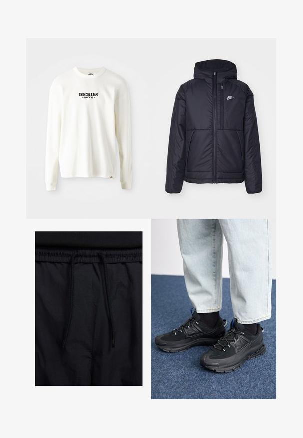 Musta, pehmustettu Nike-takki, jossa on etuvetoketju ja huppu. Vasemmassa rinnassa on valkoinen logo ja takissa on kaksinkertaiset etutaskut. Pintakoe on sileä.; Valkoinen pitkähihainen ribbipaita, jossa on musta logo "DICKIES" ja tekstillä "SINCE '22" alla. Pyöreä kaula-aukko ja hihansuut.; Mustat shortsit, joissa on naru vyötäröllä, kevyestä kankaasta valmistettu, sileä tekstuuri ja yksinkertainen muotoilu ilman näkyviä logoja tai kuvioita.; Mustat urheilukengät, joissa on teksturoitu kangas ja kumipohjat, elastiset nauhat ja sininen yksityiskohta kannassa. Yhdistetty vaaleisiin farkkuihin.