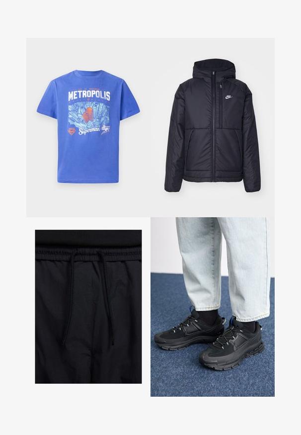 Sort, polstret Nike-jakke med frontlynlås og hætte. Har et hvidt logo på venstre bryst og to frontlommer. Glat ydre tekstur.; Blå bomulds t-shirt med korte ærmer. Har et grafik af Metropolis skyline og Superman logo i hvid og orange. Crew neck design.; Sorte shorts med snoretræk i taljen, letvægtsstof med en glat tekstur og et simpelt design uden synlige logoer eller mønstre.; Sorte træningssko med tekstureret stof og gummisåler, udstyret med elastiske snørebånd og en blå detalje på hælen. Bæres med lyse denimbukser.