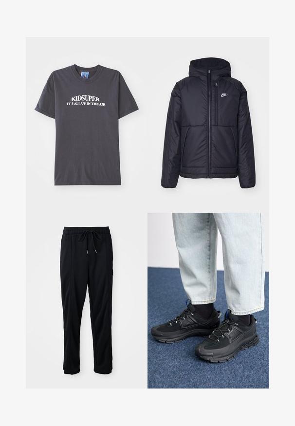 Chaqueta acolchada negra de Nike con cremallera frontal y capucha. Presenta un logo blanco en el lado izquierdo del pecho y dos bolsillos frontales. Textura exterior suave.; Camiseta de algodón negra con el texto "KIDSUPER IT’S ALL UP IN THE AIR" en blanco, con cuello redondo y mangas cortas.; Pantalones casuales negros con cordón en la cintura, con bolsillos laterales y corte de pierna recta sobre un fondo liso.; Zapatillas deportivas negras con tejido texturizado y suelas de goma, con cordones elásticos y un acento azul en el talón. Combinadas con pantalones de mezclilla claros.