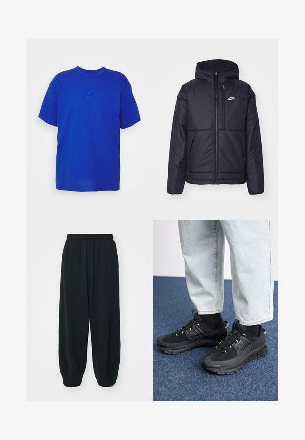 Juodas, paminkštintas Nike džemperis su priekyje užtrauktuku ir gobtuvu. Pasižymi balta logo kairėje krūtinės pusėje ir dviem priekinėmis kišenėmis. Su lygiu išoriniu paviršiumi.; Mėlynas medvilninis marškinėlis su apvaliu iškirpimu ir trumpomis rankovėmis. Yra mažas išsiuvinėtas Nike logotipas ant krūtinės. Lygi tekstūra.; Juodi, su elastiniu juosmeniu sportiniai kelnės su laisvu siluetu, suapvalintais kulkšnimis, lygia tekstūra ir be matomų raštų ar metalinių akcentų.; Juodi sportiniai bateliai su tekstūruota medžiaga ir guminiais padais, su elastingomis raišteliais ir mėlynu akcentu ant kulno. Dėvimi su šviesiai mėlynomis džinsinėmis kelnėmis.