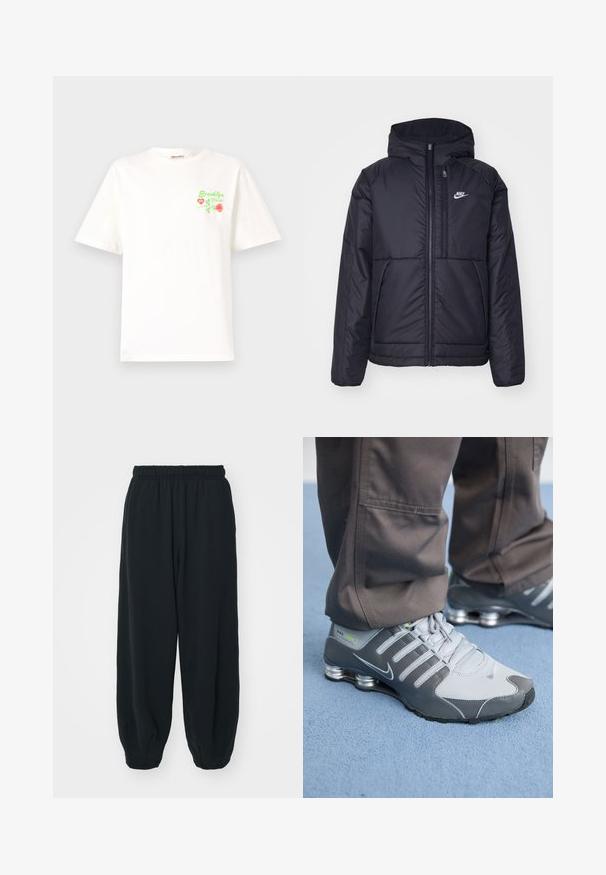 Black, padded Nike jacket with a front zipper and hood. Features a white logo on the left chest and dual front pockets. Smooth exterior texture.; White cotton T-shirt featuring green and red floral embroidery on the left chest, with the text "Brooklyn NYC Florist." Classic fit.; Black, elasticated-waist sweatpants with a loose fit, cuffed ankles, smooth texture, and no visible patterns or hardware accents.; Gray and silver Nike Shox sneakers feature a sleek design, with mesh and synthetic materials, a rounded toe, and a padded collar.