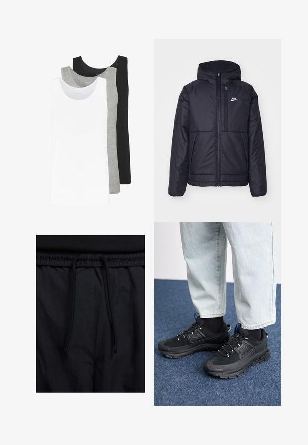Črna, podložena Nike jakna z sprednjim zadrgo in kapuco. Ima bel logo na levem prsnem delu in dvojna sprednja žepa. Gladka zunanja tekstura.; Tri majice brez rokavov v bežni, sivi in črni barvi. Vsaka je značilna po klasičnem brezrokavem dizajnu, izdelana iz lahkega bombažnega materiala z rebrasto teksturo.; Črne kratke hlače z vrvico v pasu, lahkotna tkanina z gladko teksturo in preprosto zasnovo brez vidnih logotipov ali vzorcev.; Črne športne čevlje z teksturirano tkanino in gumijastimi podplati, ki imajo elastične vezalke ter modre poudarke na peti. Nosi se z lahkimi denim hlačami.