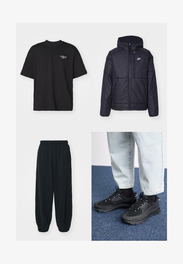 Schwarze, gepolsterte Nike-Jacke mit Frontreißverschluss und Kapuze. Hat ein weißes Logo auf der linken Brust und zwei Fronttaschen. Glattes äußeres Material.; Schwarzes T-Shirt mit kurzen Ärmeln aus Baumwolle. Verfügt über einen Rundhalsausschnitt und ein kleines weißes Logo auf der linken Brustseite. Standardpassform.; Schwarze Sweatpants mit elastischem Bund, lockerer Passform, gerippten Beinabschlüssen, glatter Textur und ohne sichtbare Muster oder Hardware-Akzente.; Schwarze Sportschuhe aus strukturiertem Stoff mit Gummisohlen, ausgestattet mit elastischen Schnürsenkeln und einem blauen Akzent an der Ferse. Getragen mit hellen Jeans.