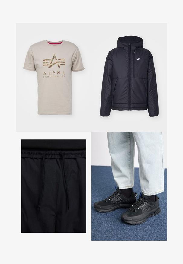 Juodas, paminkštintas Nike džemperis su priekyje užtrauktuku ir gobtuvu. Pasižymi balta logo kairėje krūtinės pusėje ir dviem priekinėmis kišenėmis. Su lygiu išoriniu paviršiumi.; Bežinis medvilninis marškinėliai su „ALPHA INDUSTRIES“ kamufliažo rašto logotipu ir penkiomis horizontaliomis juostomis viršuje, trumpomis rankovėmis ir apvaliu kaklu.; Juodos šortai su raišteliu juosmens srityje, lengva medžiaga su lygiu paviršiumi ir paprastas dizainas be matomų logotipų ar raštų.; Juodi sportiniai bateliai su tekstūruota medžiaga ir guminiais padais, su elastingomis raišteliais ir mėlynu akcentu ant kulno. Dėvimi su šviesiai mėlynomis džinsinėmis kelnėmis.