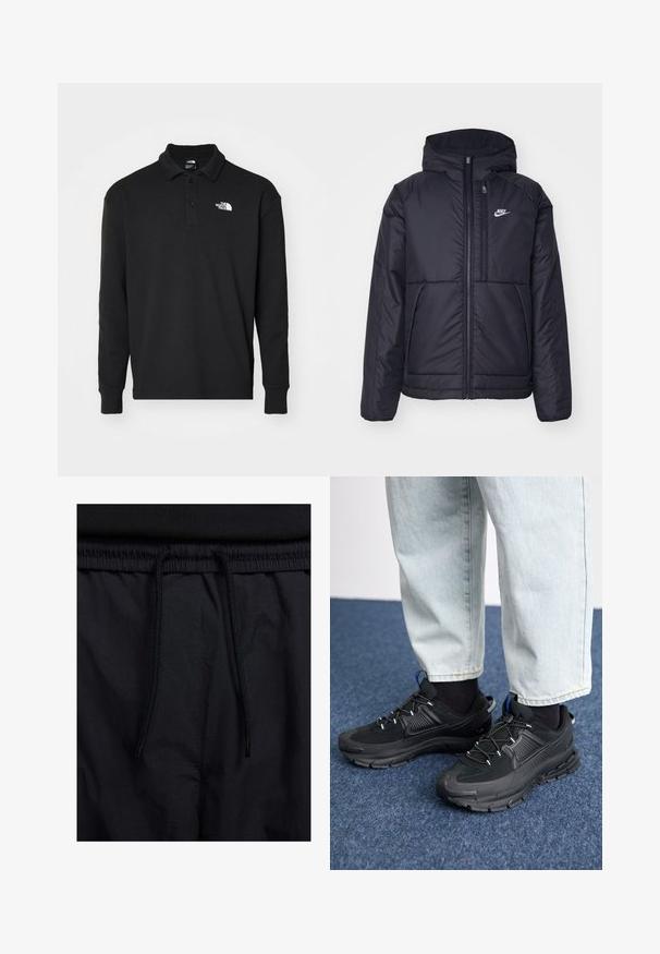 Fekete, párnázott Nike dzseki elülső cipzárral és kapucnival. A bal mellen fehér logó található, valamint két elülső zseb. Simának tűnő külső felület.; Fekete hosszú ujjú pólóing, texturált anyagból, gallérral, fehér logóval a bal mellen és gombos záródással.; Fekete rövidnadrág, húzózsinórral ellátott derékrésszel, könnyű anyagból, sima felszínen, egyszerű dizájnnal, látható logók vagy minták nélkül.; Fekete sportcipők texturált anyaggal és gumitalppal, elasztikus fűzőkkel és kék kiegészítővel a saroknál. Világos farmernadrággal viselve.