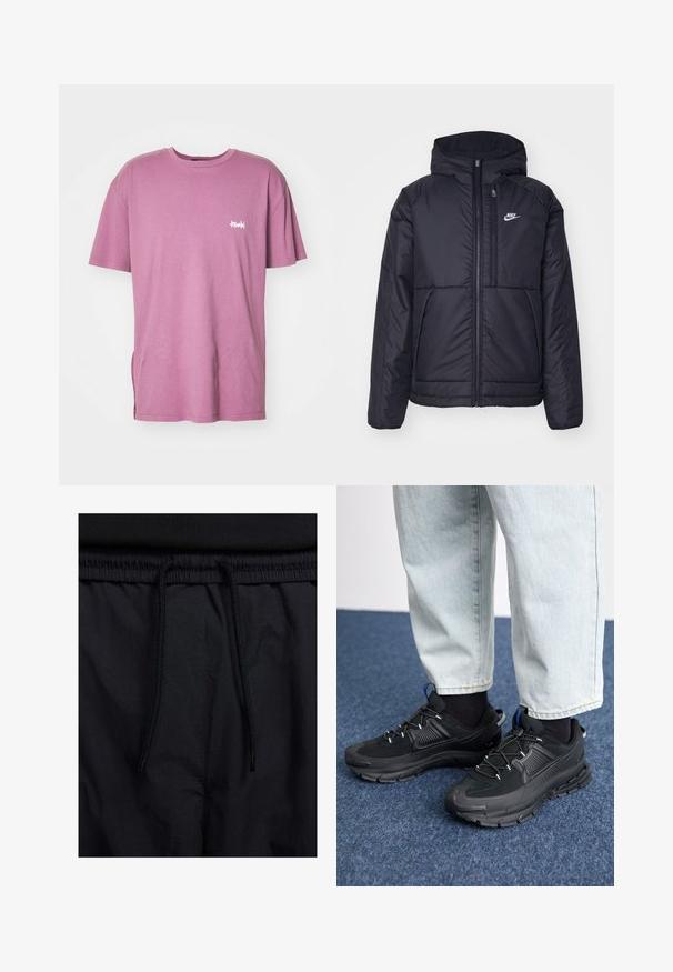 Svart, polstret Nike-jakke med frontglidelås og hette. Har en hvit logo på venstre bryst og doble frontlommer. Glatt ytterside.; Rosa bomull T-skjorte med korte ermer, rund hals og sidesplitt; har en liten hvit logo på venstre bryst.; Sorte shorts med snor i livet, lett stoff med en jevn tekstur, og et enkelt design uten synlige logoer eller mønstre.; Svarte sportssko med teksturert stoff og gummisåler, med elastiske lisser og en blå detalj på hælen. Brukt med lyse denimbukser.