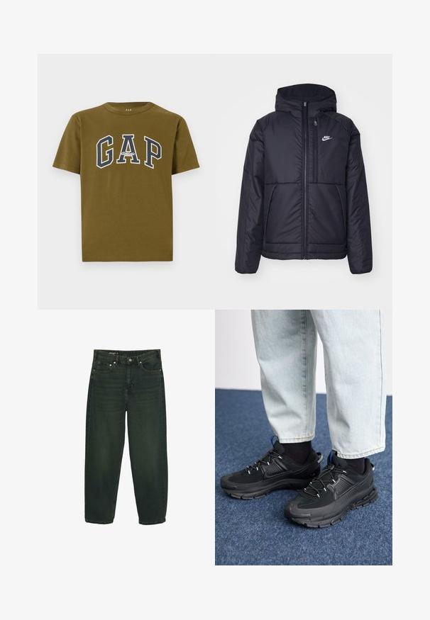 Crna Nike jakna s podstavom, dugmadi sprijeda i kapuljačom. Ima bijeli logotip na lijevoj strani prsnog koša i dva prednja džepa. Glatka vanjska tekstura.; Maslinasto zelena pamučna majica s kratkim rukavima, s bijelim i tamnoplavim "GAP" logotipom i tekstom "Athletic" u središtu.; Tamnozelene traperice ravnog kroja s prednjim gumbom i patentnim zatvaračem, prednjim i stražnjim džepovima, te petljama za remen.; Crne atletske cipele s teksturiranom tkaninom i gumene potplate, s elastičnim vezicama i plavim akcentom na peti. Nosene su s svijetlim trapericama.