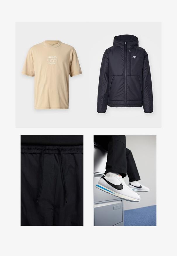Jachetă Nike neagră, căptușită, cu fermoar pe față și glugă. Prezintă un logo alb pe pieptul stâng și două buzunare frontale. Textură exterioară netedă.; Tricou de bumbac bej, cu mâneci scurte, inscripționat pe față cu text alb brodat: "GUESS CALIFORNIA L.A. Est.1981". Guler rotund.; Șorturi negre cu un brâu reglabil, dintr-un material ușor cu o textură netedă și un design simplu, fără logo-uri sau modele vizibile.; Adidași din piele albă cu logo-ul Nike de culoare neagră, talpă din cauciuc bleu deschis și gri, și un design clasic cu șireturi. Picioare odihnindu-se pe un birou de dosare.