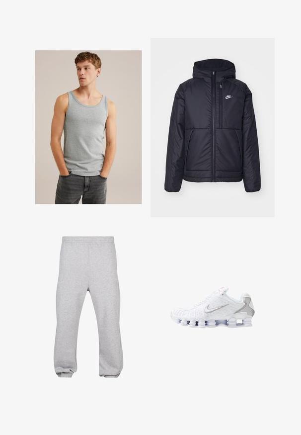 Must musta Nike jope, millel on ees lukuga avamine ja kapuuts. Vasakpoolne rind on kaunistatud valge logoga ning ees on kaks taskut. Sile välimine tekstuur.; Noor noor pruunide juustega noormees, kes kannab halli ilma varrukateta t-särki ja tumedat halli teksapükse, käed taskutes, vaatab kõrvale.; Hallide hallid puuvillasegusest kangast dressipüksid, millel on elastne vöökoht, kitsenevad jalad ja mansetid. Lihtne disain, ilma mustriteta.; Valged spordijalatsid, millel on tekstuuriga pealiskülg hõbedase Swooshi logoga, võrkkangast paneelid ja iseloomulik jagatud valge tallaga.}}