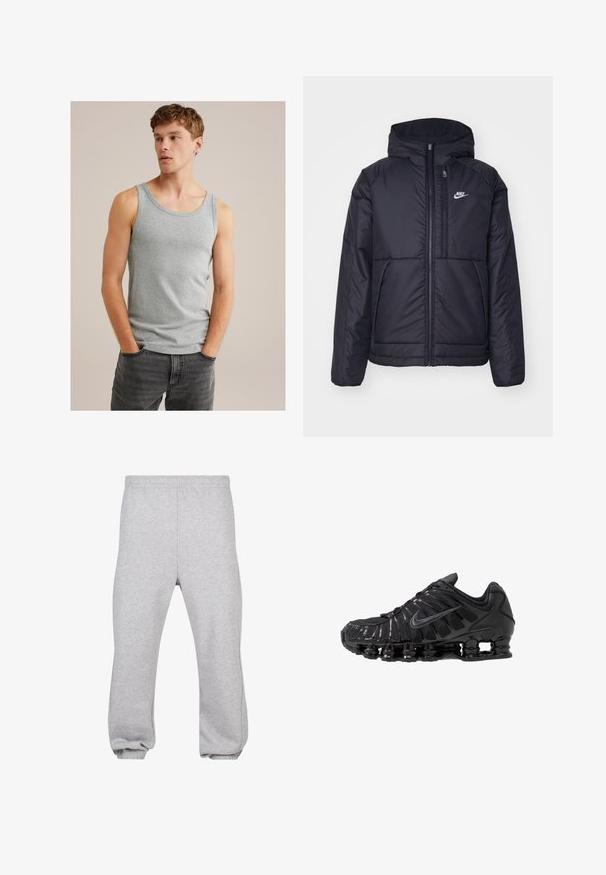 Černá zateplená bunda Nike s předním zipem a kapucí. Na levé straně hrudi má bílé logo a dvojité přední kapsy. Hladký povrch.; Mladý muž se světle hnědými vlasy, oblečený v šedém bezrukávovém tričku a tmavě šedých džínách, s rukama v kapsách, dívající se do strany.; Šedé tepláky vyrobené z bavlněné směsi, s elastickým pasem, zúženými nohavicemi a manžetami na koncích. Jednoduchý design bez vzorů.; Černé sportovní boty z mesh a syntetických materiálů, s výrazným vlnitým designem, černou gumovou podrážkou a reflexními prvky.
