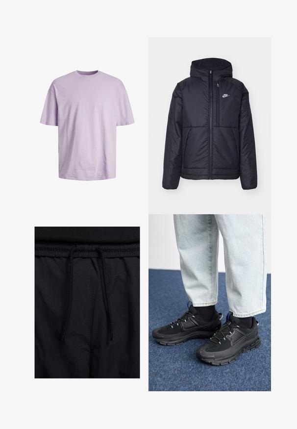Must musta Nike jope, millel on ees lukuga avamine ja kapuuts. Vasakpoolne rind on kaunistatud valge logoga ning ees on kaks taskut. Sile välimine tekstuur.; Jack & Jones JJEBRADLEY O-NECK - Lihtne T-särk - purple rose; Mustad lühikesed püksid, millel on paelaga vöökoht, kerge kangas, mis on sileda tekstuuriga ning lihtne disain ilma nähtavate logode või mustriteta.; Mustad mustad jooksukingad, millel on tekstureeritud kangas ja kummist tallad, elastsed nöörid ning sinine aksent kandadel. Kandmine heledate teksadega.
