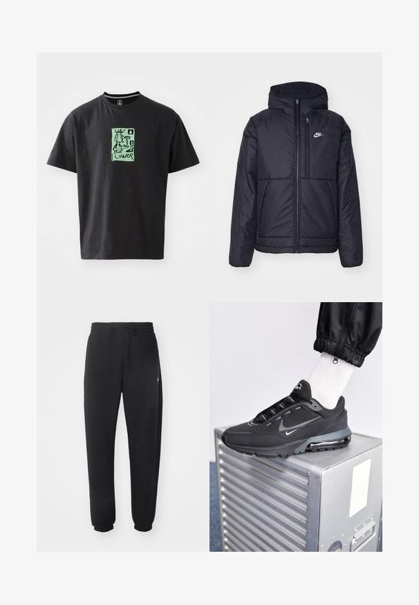 Veste Nike noire rembourrée avec une fermeture éclair sur le devant et une capuche. Elle présente un logo blanc sur la poitrine gauche et deux poches avant. Texture extérieure lisse.; T-shirt noir en coton avec une illustration graphique verte comportant le mot "FLEUR". Manches courtes et col rond.; Pantalon de sweat noir en matière douce, avec une taille élastique, un cordon de serrage et des poignets fuselés, arborant un logo discret sur le côté.; Nike Sportswear PULSE - Baskets basses - black/anthracite