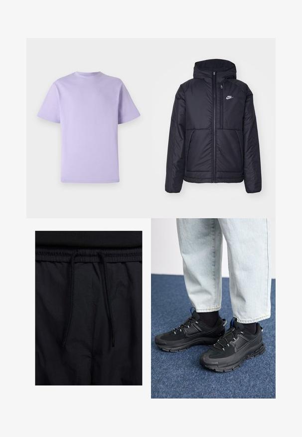 Crna Nike jakna s podstavom, dugmadi sprijeda i kapuljačom. Ima bijeli logotip na lijevoj strani prsnog koša i dva prednja džepa. Glatka vanjska tekstura.; Lavanda pamučna majica s kratkim rukavima, okrugli izrez i širok kroj. Glatka tekstura, bez uzoraka ili ukrasa.; Crne kratke hlače s pojasom na vezanje, lagani materijal s glatkom teksturom i jednostavan dizajn bez vidljivih logotipa ili uzoraka.; Crne atletske cipele s teksturiranom tkaninom i gumene potplate, s elastičnim vezicama i plavim akcentom na peti. Nosene su s svijetlim trapericama.