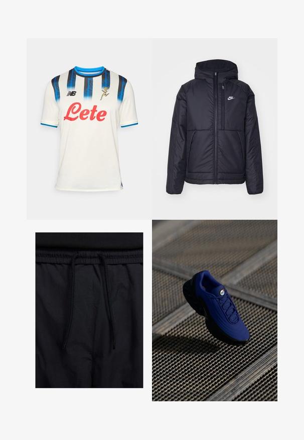 Casaco Nike preto, acolchoado, com fecho à frente e capuz. Apresenta um logo branco no lado esquerdo do peito e dois bolsos frontais. Textura exterior lisa.; Camisola de futebol branca com riscas verticais pretas e azuis, com decote redondo e mangas curtas. Apresenta um logo vermelho "Lete" e a marca New Balance.; Calções pretos com um cós elástico ajustável, fabricados em tecido leve com uma textura suave e um design simples, sem logótipos ou padrões visíveis.; Sapatilha atlética azul com parte superior texturizada, sola preta e atacadores. Apresenta uma marcação "air" na língua e elementos de amortecimento de ar visíveis.