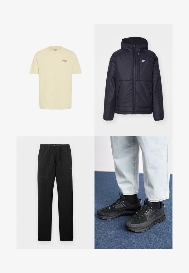 Black, padded Nike jacket with a front zipper and hood. Features a white logo on the left chest and dual front pockets. Smooth exterior texture.; Cream-colored cotton t-shirt with short sleeves. Features "Danish Foodie Club" text on the left chest. Regular fit and smooth texture.; Black sweatpants made of fleece, featuring an elastic waistband with drawstrings, two front pockets, and a small logo on the thigh.; Black athletic shoes with textured fabric and rubber soles, featuring elastic laces and a blue accent on the heel. Worn with light denim pants.