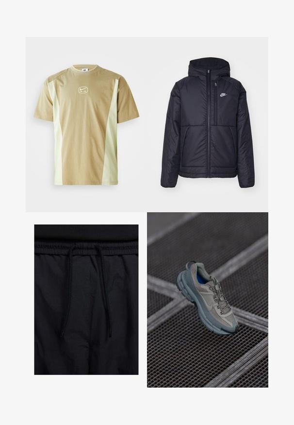 Μαύρο, επενδυμένο μπουφάν Nike με μπροστινό φερμουάρ και κουκούλα. Διαθέτει λευκό λογότυπο στο αριστερό στήθος και διπλές μπροστινές τσέπες. Λείο εξωτερικό υλικό.; T-shirt με κοντό μανίκι σε μπεζ και ανοιχτό πράσινο, με στρογγυλή λαιμόκοψη και κεντρικό λογότυπο Nike Air. Μαλακό ύφασμα με ομαλή υφή.; Μαύρο σορτσάκι με ζωνάκι που ρυθμίζεται, ελαφρύ ύφασμα με απλή υφή και απλό σχέδιο χωρίς ορατά λογότυπα ή μοτίβα.; Πετρόλ και γκρι αθλητικό παπούτσι με υφασμάτινη επένδυση, στρογγυλή μύτη και καουτσουκέιν σόλα, διαθέτοντας κορδόνια και μαξιλαρωμένη περιφέρεια.