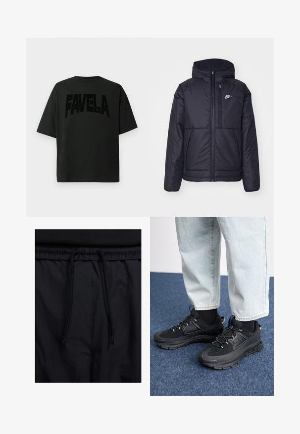 Musta, pehmustettu Nike-takki, jossa on etuvetoketju ja huppu. Vasemmassa rinnassa on valkoinen logo ja takissa on kaksinkertaiset etutaskut. Pintakoe on sileä.; Mustan puuvillat-paidan etuosassa on suuri, tekstuurinen "FAVELA"-teksti. Lyhyet hihat, rento istuvuus, pyöreä pääntie, minimalistinen muotoilu.; Mustat shortsit, joissa on naru vyötäröllä, kevyestä kankaasta valmistettu, sileä tekstuuri ja yksinkertainen muotoilu ilman näkyviä logoja tai kuvioita.; Mustat urheilukengät, joissa on teksturoitu kangas ja kumipohjat, elastiset nauhat ja sininen yksityiskohta kannassa. Yhdistetty vaaleisiin farkkuihin.