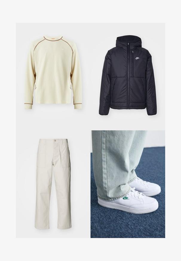 Črna, podložena Nike jakna z sprednjim zadrgo in kapuco. Ima bel logo na levem prsnem delu in dvojna sprednja žepa. Gladka zunanja tekstura.; Krema srajca z dolgimi rokavi z teksturiranim vafeljastim vzorcem. Ima rjave stranske šive in majhen bel logotip na prsih.; Svetlo bež široke hlače iz bombaža. Imajo sprednje žepe in gumbasto zapiranje. Gladka tekstura z subtilnimi navpičnimi črtami.; Bela usnjena športna obutev z zelenim Nike logotipom, okrogla konica, ravna podplat, v kombinaciji z svetlo modrimi kavbojkami, prikazana na modrem preprogu.
