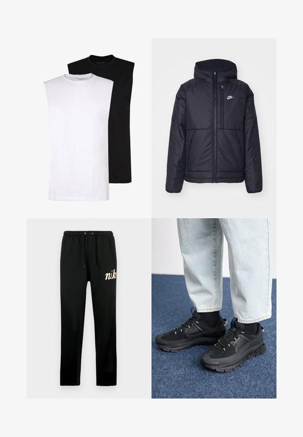 Musta, pehmustettu Nike-takki, jossa on etuvetoketju ja huppu. Vasemmassa rinnassa on valkoinen logo ja takissa on kaksinkertaiset etutaskut. Pintakoe on sileä.; Valkoiset ja mustat hihattomat puuvillapaidat pyöreällä pääntiellä, sileällä pinnalla ja minimalistisella muotoilulla. Sopivat erilaisiin rentoihin tiloihin.; Musta pehmeästä kankaasta valmistetut collegehousut, joissa on joustava vyötärönauha kiristysnauhoilla, kapeutuvat lahkeet ja kultainen kirjailtu "nike"-logo.; Mustat urheilukengät, joissa on teksturoitu kangas ja kumipohjat, elastiset nauhat ja sininen yksityiskohta kannassa. Yhdistetty vaaleisiin farkkuihin.