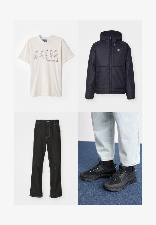 Veste Nike noire rembourrée avec une fermeture éclair sur le devant et une capuche. Elle présente un logo blanc sur la poitrine gauche et deux poches avant. Texture extérieure lisse.; T-shirt en coton couleur crème à manches courtes, avec un design abstrait noir et le texte "KIDSUPER STUDIOS" au centre.; Jean en denim noir avec une coupe ample, comportant des coutures blanches contrastantes, une fermeture à bouton et un design à jambes droites.; Des chaussures de sport noires avec un tissu texturé et des semelles en caoutchouc, dotées de lacets élastiques et d'un accent bleu au talon. Portées avec un pantalon en denim clair.
