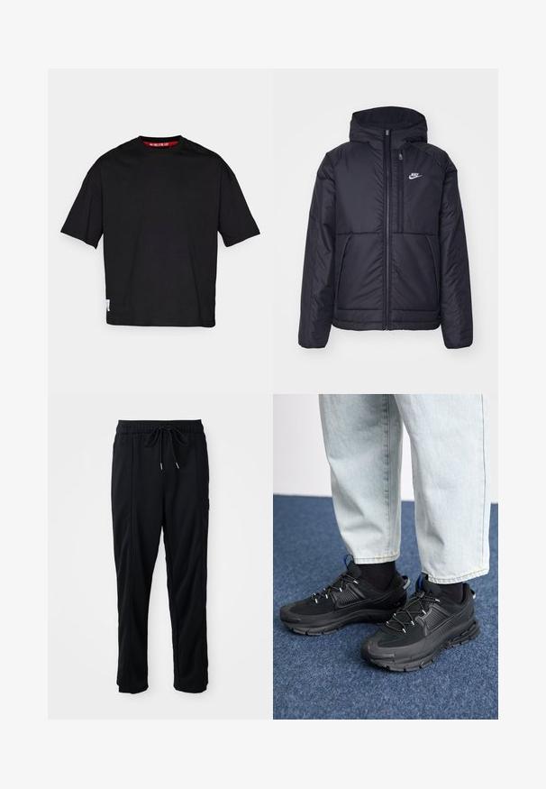 Juodas, paminkštintas Nike džemperis su priekyje užtrauktuku ir gobtuvu. Pasižymi balta logo kairėje krūtinės pusėje ir dviem priekinėmis kišenėmis. Su lygiu išoriniu paviršiumi.; Juodas medvilninis marškinėlis su apvalia kaklo iškirpte, trumpomis rankovėmis ir etikete apatiniame krašte. Audinys yra lygus ir lengvas.; Juodos laisvos kelnės su raišteliu liemens, šoninėmis kišenėmis ir tiesiu kirpimu ant vienodos fono.; Juodi sportiniai bateliai su tekstūruota medžiaga ir guminiais padais, su elastingomis raišteliais ir mėlynu akcentu ant kulno. Dėvimi su šviesiai mėlynomis džinsinėmis kelnėmis.