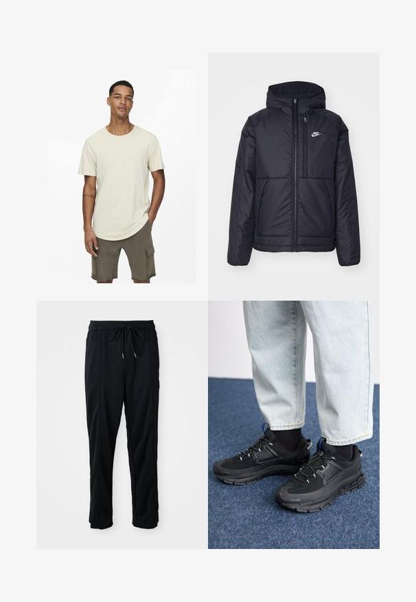 Giacca Nike nera, imbottita, con zip frontale e cappuccio. Presenta un logo bianco sul lato sinistro del petto e doppie tasche frontali. Texture esterna liscia.; Tshirt in cotone beige con collo rotondo, maniche corte e una vestibilità comoda. Abbinato a pantaloni cargo verde oliva con tasche.; Pantaloni casual neri con elastico in vita, tasche laterali e taglio dritto su uno sfondo uniforme.; Scarpe sportive nere con tessuto testurizzato e suole in gomma, dotate di lacci elastici e un accento blu sul tallone. Indossate con pantaloni in denim chiaro.