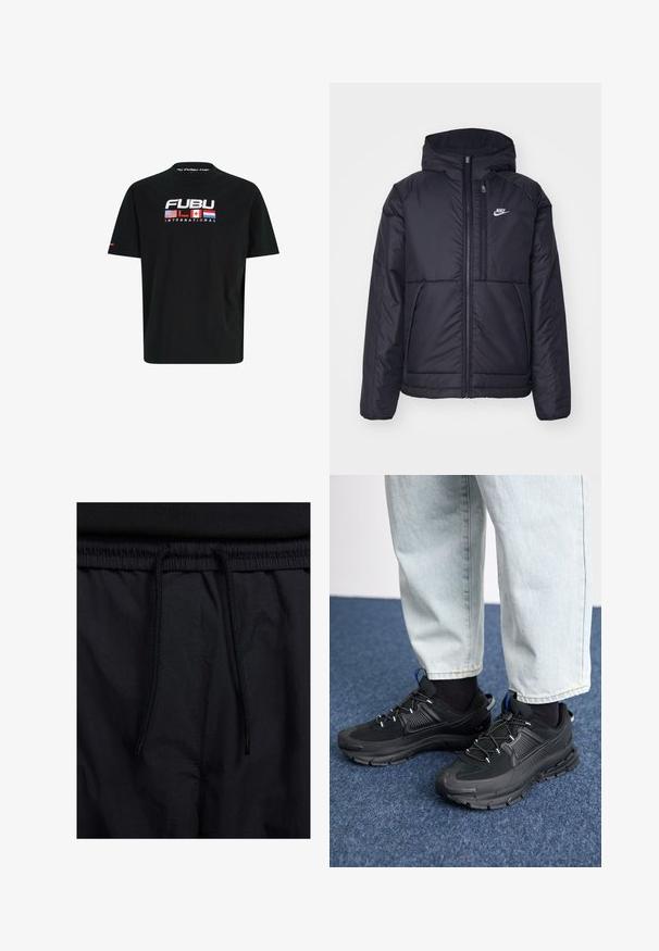 Must musta Nike jope, millel on ees lukuga avamine ja kapuuts. Vasakpoolne rind on kaunistatud valge logoga ning ees on kaks taskut. Sile välimine tekstuur.; Must tee särk musta puuvillast, millel on ringne kaelus. Sellel on "FUBU" bränding valge, punase ja sinise värviga, lisaks Ameerika Ühendriikide, Kanada ja Jaapani lipud.; Mustad lühikesed püksid, millel on paelaga vöökoht, kerge kangas, mis on sileda tekstuuriga ning lihtne disain ilma nähtavate logode või mustriteta.; Mustad mustad jooksukingad, millel on tekstureeritud kangas ja kummist tallad, elastsed nöörid ning sinine aksent kandadel. Kandmine heledate teksadega.