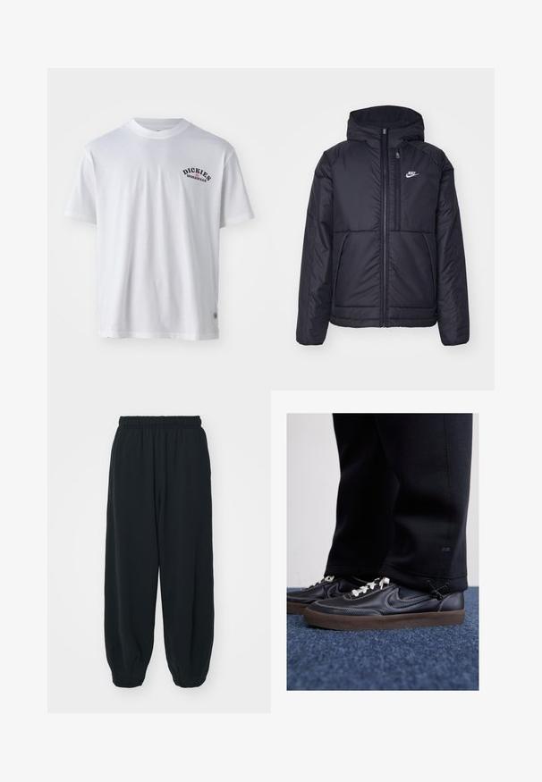 Casaco Nike preto, acolchoado, com fecho à frente e capuz. Apresenta um logo branco no lado esquerdo do peito e dois bolsos frontais. Textura exterior lisa.; T-shirt branca de algodão com mangas curtas, decote redondo, apresentando um logótipo impresso em preto que diz "DICKIES WORKWEAR" no lado esquerdo do peito.; Calças de fato de treino pretas, com cintura elástica e um corte solto, com punhos nas pernas, textura suave e sem padrões visíveis ou detalhes de metal.; Nike Sportswear KILLSHOT 2 LTR PRM OPP2 - Sapatilhas - black sail baroque brown mtlc dk grey