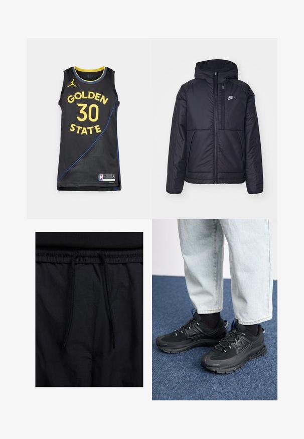 Jachetă Nike neagră, căptușită, cu fermoar pe față și glugă. Prezintă un logo alb pe pieptul stâng și două buzunare frontale. Textură exterioară netedă.; Tricou de baschet negru cu inscripția "GOLDEN STATE" și numărul "30" în galben, cu accente albastre și material texturat. Logo-ul NBA este amplasat pe margine.; Șorturi negre cu un brâu reglabil, dintr-un material ușor cu o textură netedă și un design simplu, fără logo-uri sau modele vizibile.; Pantofi sport negri, cu țesătură texturată și tălpi din cauciuc, având șireturi elastice și un accent albastru pe toc. Purtați cu pantaloni din denim deschis.