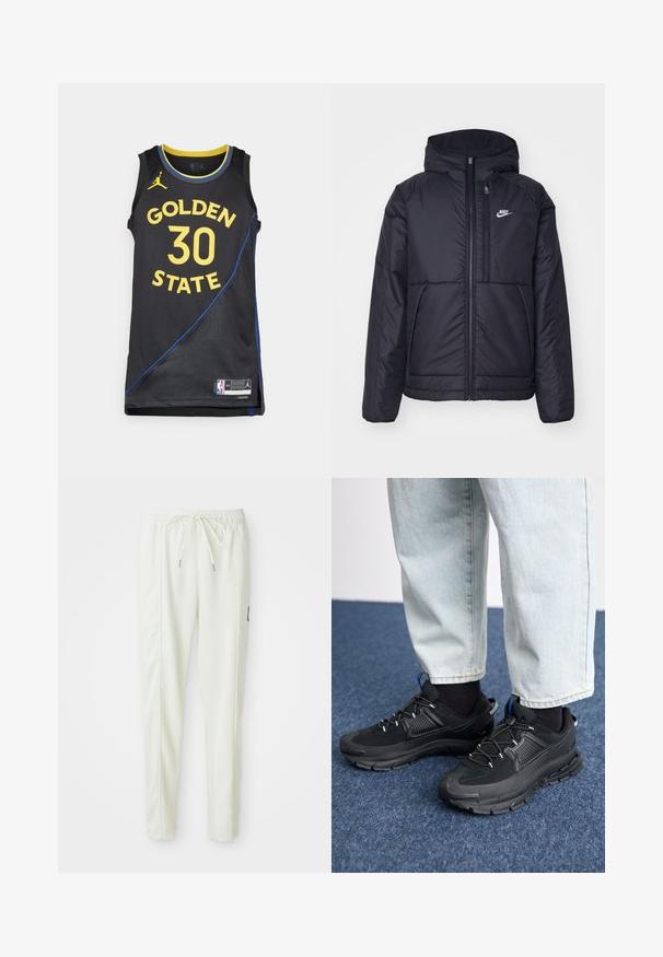 Black, padded Nike jacket with a front zipper and hood. Features a white logo on the left chest and dual front pockets. Smooth exterior texture.; Black basketball jersey featuring "GOLDEN STATE" and "30" in yellow, with blue accents and textured fabric. NBA logo at the hem.; White slim-fit jogger pants with elastic waistband and drawstring, featuring side seam detailing and a small black patch on the right leg.; Black athletic shoes with textured fabric and rubber soles, featuring elastic laces and a blue accent on the heel. Worn with light denim pants.