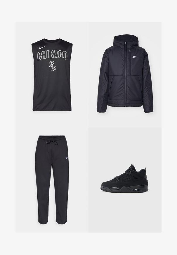 Musta, pehmustettu Nike-takki, jossa on etuvetoketju ja huppu. Vasemmassa rinnassa on valkoinen logo ja takissa on kaksinkertaiset etutaskut. Pintakoe on sileä.; Nike Performance MLB CHICAGO WHITE SOX KNOCKOUT MUSCLE TANK - Toppi - black; Mustat verkkareita pehmeästä kankaasta, jossa on joustava vyötärö, nyöri ja pieni Nike-logo vasemmassa reidessä.; Musta lenkkari, jossa on teksturoitu päällinen, verkkokankaiset paneelit ja tunnusomaiset yksityiskohdat. Siluettiin kuuluu näkyvä ilmatoiminen yksikkö pohjassa.