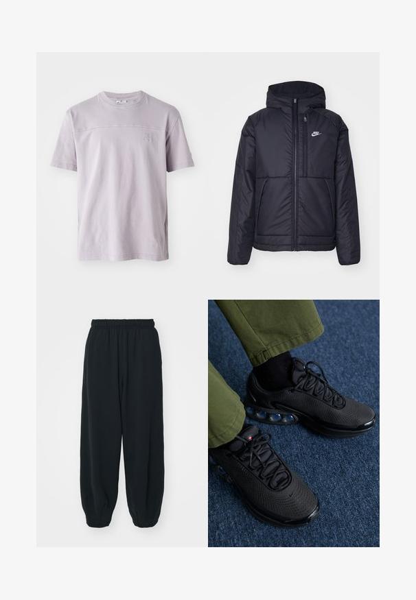 Black, padded Nike jacket with a front zipper and hood. Features a white logo on the left chest and dual front pockets. Smooth exterior texture.; Short-sleeve lavender cotton t-shirt featuring a crew neckline and a subtle logo on the chest. Smooth texture, relaxed fit.; Black, elasticated-waist sweatpants with a loose fit, cuffed ankles, smooth texture, and no visible patterns or hardware accents.; Black athletic shoes with a mesh upper, textured surface, and visible air cushioning pods. Paired with olive green pants and black socks.