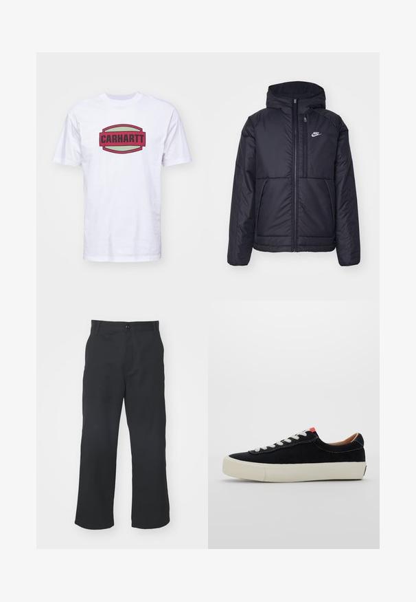 Chaqueta acolchada negra de Nike con cremallera frontal y capucha. Presenta un logo blanco en el lado izquierdo del pecho y dos bolsillos frontales. Textura exterior suave.; Carhartt WIP PRESS SCRIPT - Camiseta estampada - white; Pantalones negros de pierna recta hechos de una tela con textura suave, con cierre frontal de botón y bolsillos estándar.; Zapatilla de tela negra con cordones blancos, suela de goma beige y acento rojo en el talón. Punta redondeada y detalles de costura mínimos.