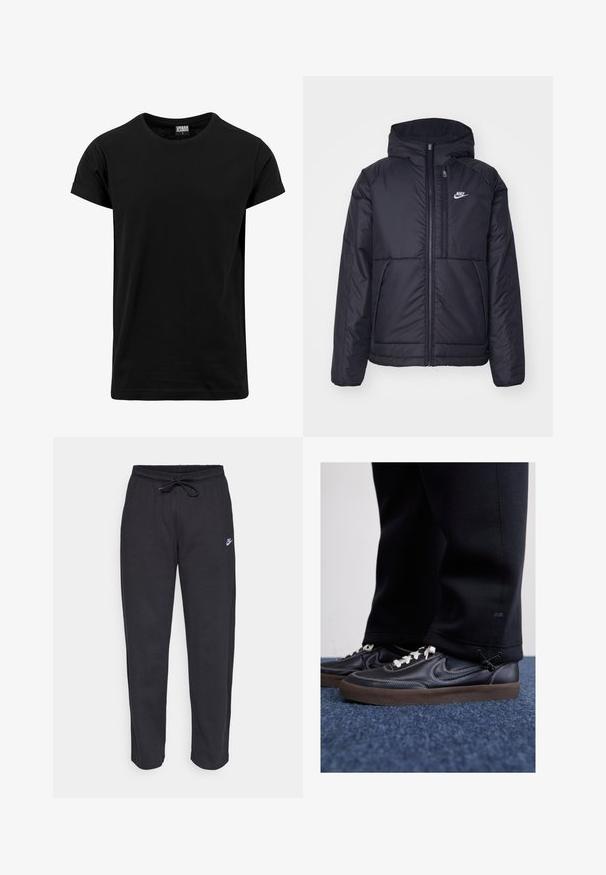 Juodas, paminkštintas Nike džemperis su priekyje užtrauktuku ir gobtuvu. Pasižymi balta logo kairėje krūtinės pusėje ir dviem priekinėmis kišenėmis. Su lygiu išoriniu paviršiumi.; Juodas medvilnės marškinėlis su klasikinio apvalaus kaklo, trumpomis prairytiem rankovėm ir tiesiu apačiu. Paprastas, vientisas dizainas be raštų.; Juodos sportinės kelnės, pagamintos iš minkštos medžiagos, su elastinga juostele, raišteliu ir mažuoju Nike logotipu kairiajame šlaunyje.; Nike Sportswear KILLSHOT 2 LTR PRM OPP2 - Sportbačiai - black sail baroque brown mtlc dk grey