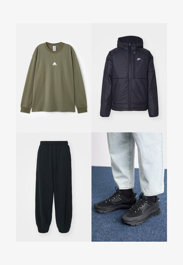 Melna, pufota Nike jaka ar priekšējo rāvējslēdzēju un kapuci. Iezīmēta ar baltu logotipu uz kreisās krūtis un divām priekšējām kabatām. Gluda ārējā tekstūra.; Olīvu krāsas kokvilnas krekls ar garām piedurknēm, kuram ir noapaļota apkakle un neliels izgaismotas zaļas krāsas logo uz krūtīm. Klasisks griezums ar ribotām aprocēm.; Melnas sporta bikses ar elastīgu jostasvietu, brīvu piegriezumu, aprocēm ap potītēm, gludu tekstūru, un bez redzamām rakstu vai aparatūras akcentiem.; Melni sporta apavi ar strukturētu audumu un gumijas zoli, ar elastīgām auklām un zilu akcentu uz papēža. Nēsāti ar gaišām džinsu biksēm.