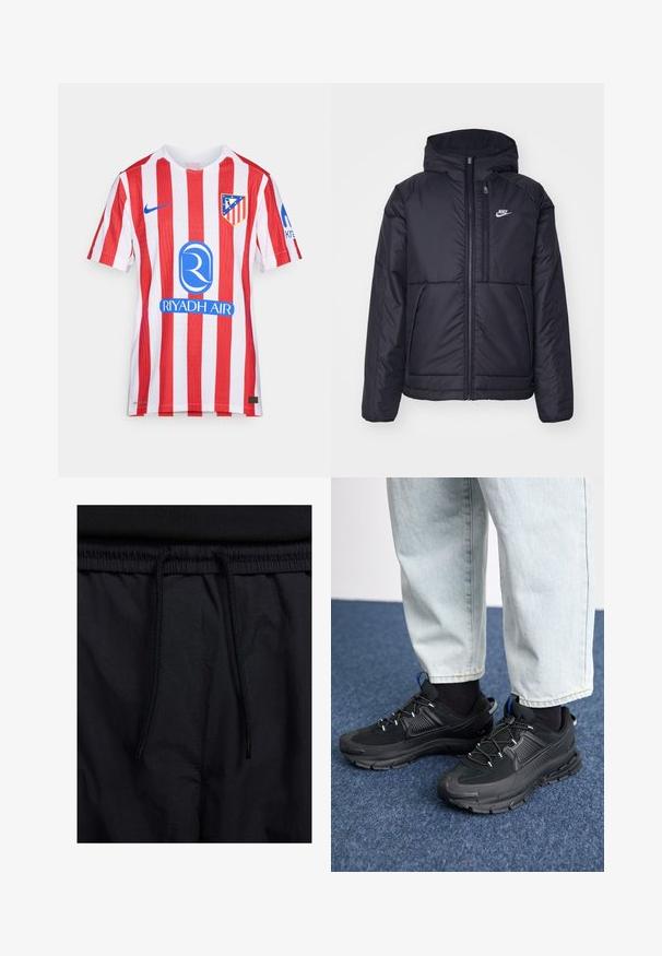 Must musta Nike jope, millel on ees lukuga avamine ja kapuuts. Vasakpoolne rind on kaunistatud valge logoga ning ees on kaks taskut. Sile välimine tekstuur.; Punase-valge triibuline jalgpallipaita, mis on valmistatud hingavast kangast. Ees on Nike logo, meeskonna vapp ja sinine sponsorilogo.; Mustad lühikesed püksid, millel on paelaga vöökoht, kerge kangas, mis on sileda tekstuuriga ning lihtne disain ilma nähtavate logode või mustriteta.; Mustad mustad jooksukingad, millel on tekstureeritud kangas ja kummist tallad, elastsed nöörid ning sinine aksent kandadel. Kandmine heledate teksadega.