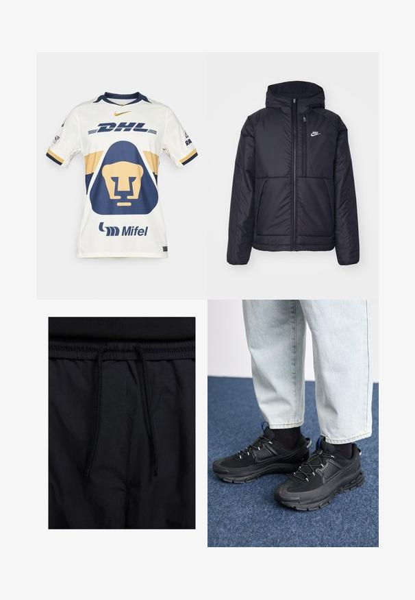 Svart, vadderad Nike-jacka med dragkedja framtill och huva. Har en vit logotyp på vänster bröst och dubbla framfickor. Slät yttextur.; Vit sporttröja med marinblå och guldiga detaljer. Har en grafisk av en lejon, "DHL"-logotyp och "Mifel"-varumärke. Korta ärmar och rundhalsad design.; Svarta shorts med dragsko i midjan, lättviktig tyg med en slät yta och en enkel design utan synliga logotyper eller mönster.; Svarta sportskor med texturerat tyg och gummisulor, med elastiska snörningar och en blå detalj på hälen. Bärs med ljusa jeans.