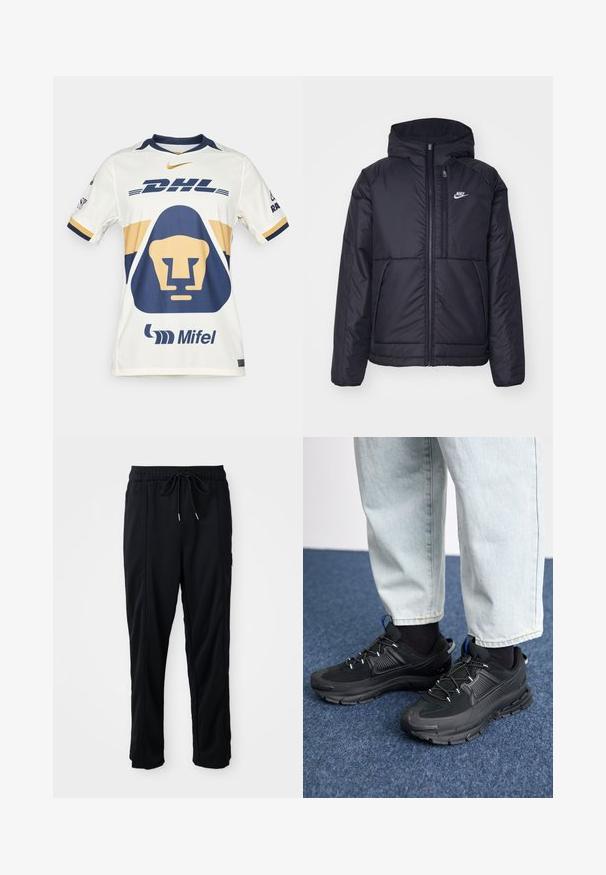 Juodas, paminkštintas Nike džemperis su priekyje užtrauktuku ir gobtuvu. Pasižymi balta logo kairėje krūtinės pusėje ir dviem priekinėmis kišenėmis. Su lygiu išoriniu paviršiumi.; Balta sportinė marškinėlė su tamsiai mėlynais ir auksiniais akcentais. Su liūto grafika, "DHL" logotipu ir "Mifel" ženklu. Trumpomis rankovėmis ir apvaliu kaklu.; Juodos laisvos kelnės su raišteliu liemens, šoninėmis kišenėmis ir tiesiu kirpimu ant vienodos fono.; Juodi sportiniai bateliai su tekstūruota medžiaga ir guminiais padais, su elastingomis raišteliais ir mėlynu akcentu ant kulno. Dėvimi su šviesiai mėlynomis džinsinėmis kelnėmis.