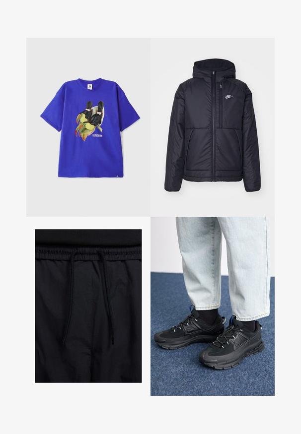 Musta, pehmustettu Nike-takki, jossa on etuvetoketju ja huppu. Vasemmassa rinnassa on valkoinen logo ja takissa on kaksinkertaiset etutaskut. Pintakoe on sileä.; Sininen puuvillainen lyhythihainen t-paita, jossa on graafinen kuva kahdesta toukanasta. Sisältää tekstin "ALL CONDITIONS GEAR" kuvan lähellä.; Mustat shortsit, joissa on naru vyötäröllä, kevyestä kankaasta valmistettu, sileä tekstuuri ja yksinkertainen muotoilu ilman näkyviä logoja tai kuvioita.; Mustat urheilukengät, joissa on teksturoitu kangas ja kumipohjat, elastiset nauhat ja sininen yksityiskohta kannassa. Yhdistetty vaaleisiin farkkuihin.